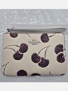 Coach Sequined Cherry Print Corner Zip Wristlet Smooth Leather Chalk & Silver